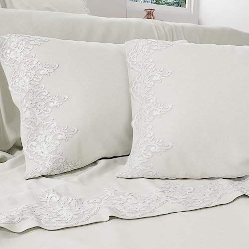 PETTI Artigiani Italiani - Perkal, Bettlaken für Doppelbett mit Spitze, Perkal, Bettwäsche-Set für Doppelbett, Bettlaken mit weißer Spitze, 100% Made in Italy von PETTI Artigiani Italiani