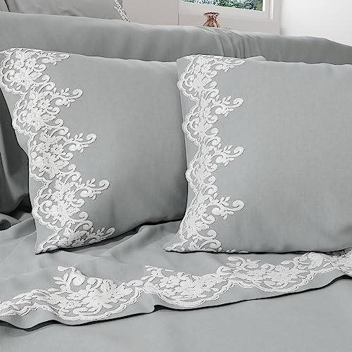 PETTI Artigiani Italiani - Perkal, Bettlaken für Doppelbett mit Spitze, Perkal, Bettwäsche-Set für Doppelbett, Bettwäsche mit Grauer Spitze, 100% Made in Italy von PETTI Artigiani Italiani