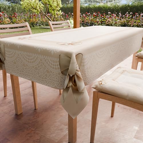 PETTI Artigiani Italiani - Schmutzabweisende Tischdecke, rechteckig, für Küchentisch, Motiv: Schleife, Beige, 18-Sitzer (140 x 360 cm), 100% Made in Italy von PETTI Artigiani Italiani