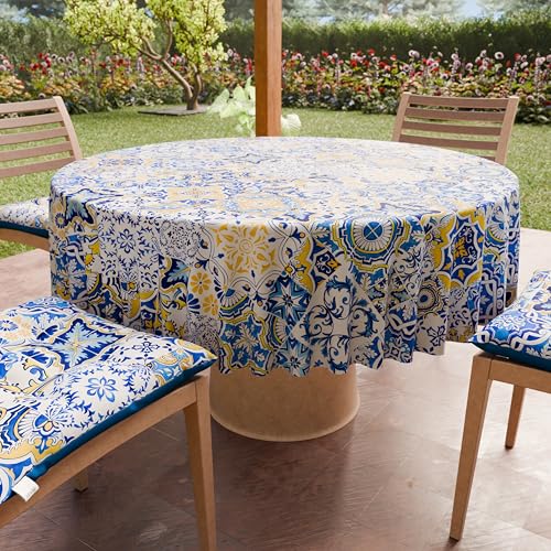 PETTI Artigiani Italiani - Schmutzabweisende runde Tischdecke aus Mikrofaser (Durchmesser 120 cm), Küchentischabdeckung für runden Tisch, Design Vietri 02, Blau, 100% Made in Italy von PETTI Artigiani Italiani