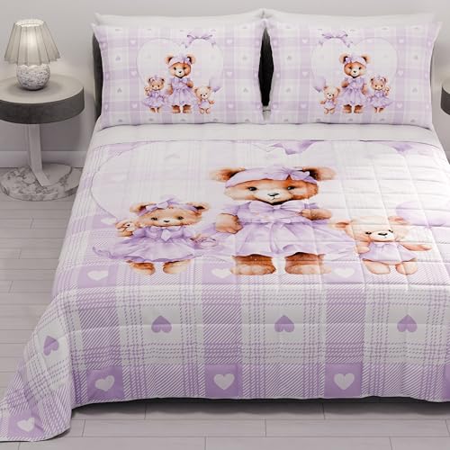 PETTI Artigiani Italiani - Sommer-Tagesdecke für Doppelbett, 260 x 270 cm, 100 g/m², wendbar, für Doppelbett, Frühling, leichte Steppdecke, Teddy Lila, 100% Made in Italy von PETTI Artigiani Italiani