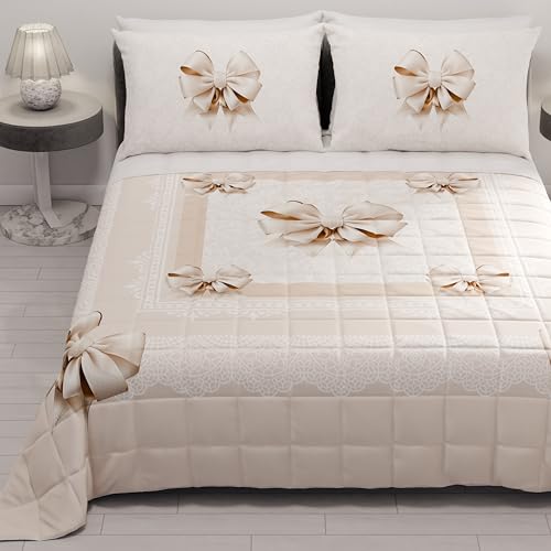 PETTI Artigiani Italiani - Sommer-Tagesdecke für Einzelbett, 170 x 260 cm, 100 g/m², wendbar, für Einzelbett, Frühlingsbett, leichte Steppdecke, Schleife, Beige, 100% Made in Italy von PETTI Artigiani Italiani