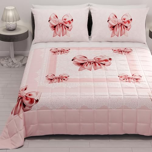 PETTI Artigiani Italiani - Sommer-Tagesdecke für Einzelbett, 170 x 260 cm, 100 g/m², wendbar, für Einzelbett, Frühlingsbett, leichte Steppdecke, rosa Schleife, 100% Made in Italy von PETTI Artigiani Italiani