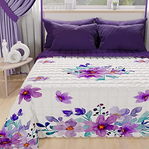 PETTI Artigiani Italiani - Tagesdecke für Doppelbett, Doppelbettdecke, Tagesdecke, doppelseitig, einfarbig und Digitaldruck, Violettes Blumenmuster, 100% hergestellt in Italien von PETTI Artigiani Italiani