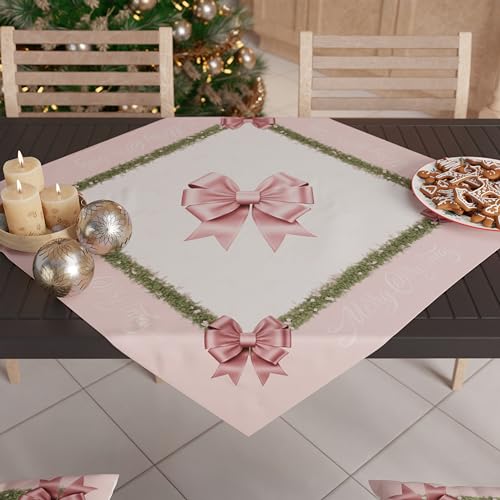 PETTI Artigiani italiani - Weihnachtliche Mitteldecke, Tischdekoration für die Küche, Weihnachten, Tischläufer 90 x 90 cm, Mitteldecke mit Schleife rosa Federn, 100 % Made in Itay von PETTI Artigiani Italiani