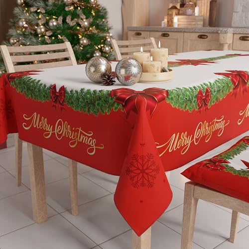 Petti Artigiani Italiani - Schmutzabweisende Weihnachtstischdecke, quadratisch, für die Küche, Design rote Schleife, für 4 Plätze (140 x 140 cm), 100% Made in Italy von PETTI Artigiani Italiani