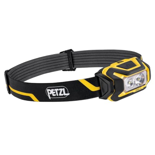 Petzl ARIA 2R, kompakte, langlebige, wasserdichte Stirnlampe mit wiederaufladbarem Akku, 600 Lumen, schwarz/gelb, Weiß von PETZL