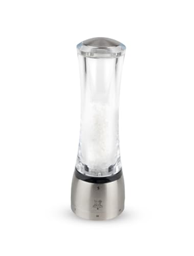 PEUGEOT - Salzmühle Daman u‘Select 21 cm - 6 voreingestellte Mahlgrade - Innovatives Zirlion-Mahlwerk für pulverfeines Salz - Aus Edelstahl und Acryl - Französisches Know-how von PEUGEOT