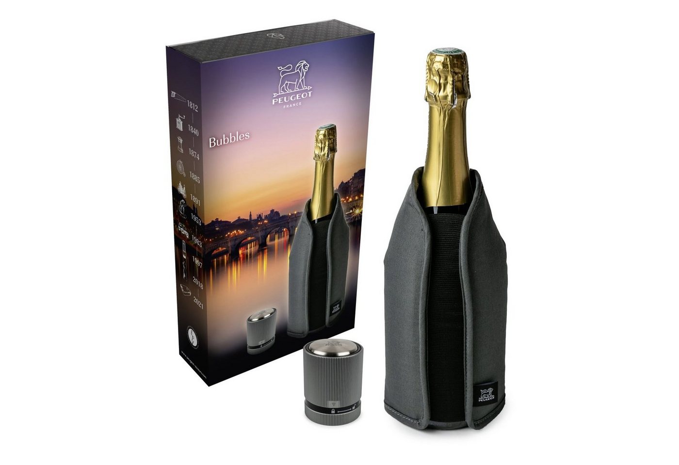 PEUGEOT Flaschenverschluss Geschenkset Bubbles mit Kühlmanschette und Champagnerverschluss von PEUGEOT