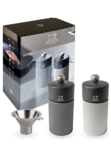 PEUGEOT - Geschenkset Line - Pfeffermühle + Salzmühle 12 cm + Gewürztrichter - Klassische Mahlgradeinstellung - Aluminium + PEFC-zertifiziertes Holz - Karbonfarben von PEUGEOT