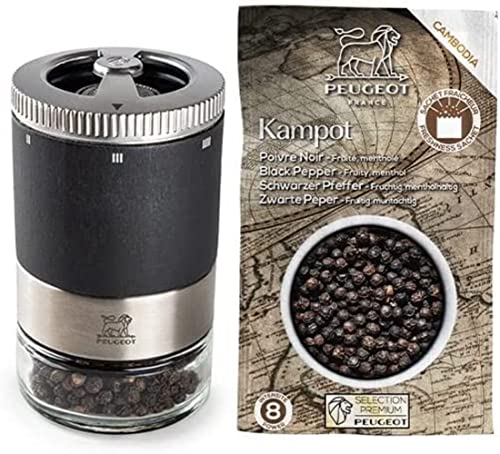 PEUGEOT - Pfeffermühle Maestro 10cm + Schwarzer Pfeffer - Austauschbarer Glasphiolen - U'Select-Mahlgradeinstellung - Aus PEFC-zertifiziertem Holz & Edelstahl - Französiches Know-How - Graphitfarben… von PEUGEOT