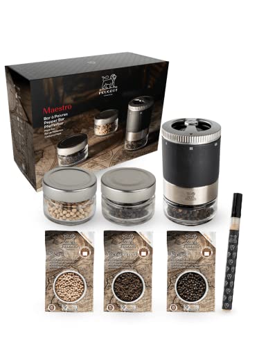 Peugeot MAESTRO uSelect Pfefferbar Geschenkset, Pfeffermühle, Pfeffer Mühle, Graphit, 11 cm inkl. drei Premium-Pfeffergläsern, 41748, Buchenholz von PEUGEOT