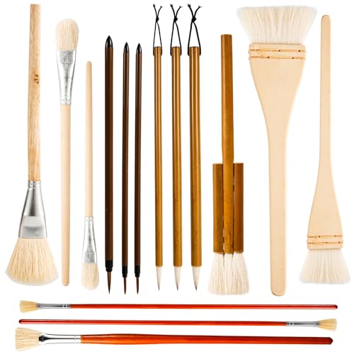 15 Stück Glasurpinsel Keramik, Holz Langer Griff Künstler Fächerfarbe Keramikpinsel Set Kunstmalwerkzeuge für Acryl Aquarell Keramik Ölgemälde Studenten Kinder Erwachsene von PEUTIER
