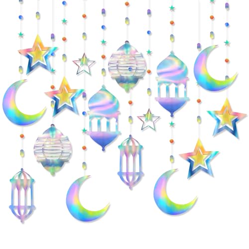 16stk Holografisch Stern-Mond-Girlande, Regenbogenfarbe Laternen-Luftschlange Glänzende Eid-Wimpelkette Hintergrund Ramadan-Mubarak-Dekorationen für Zuhause Geburtstag Party Hochzeit von PEUTIER