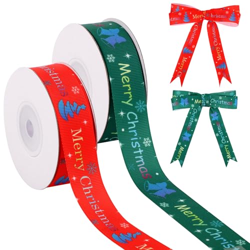 2 Rollen Weihnachtsband, 18,3m x 2,2cm Merry Christmas Weihnachtsdeko Band zum Basteln Kränze Basteln Weihnachtsbaum Dekoration Geschenkverpackung (Farbverlaufsbuchstaben-Stil) von PEUTIER