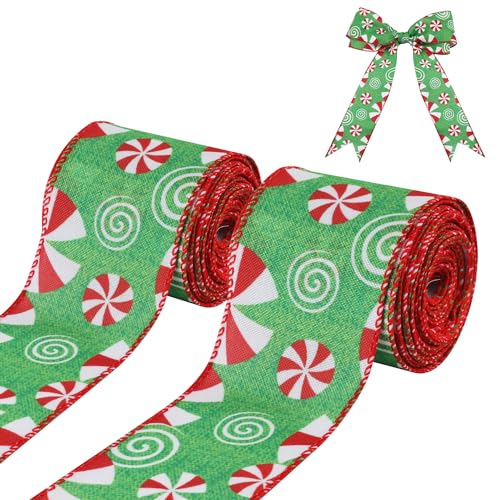 2 Rollen Weihnachtsband mit Draht, 6,3cm Breit Weihnachtliches Pfefferminz Süßigkeits Band Dekorationen Weihnachtsbaum Band zum Basteln Kränze Fliege Geschenkverpackung (Grüne Unterseite) von PEUTIER