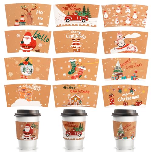 24 Stück Weihnachts Kaffeetassenhüllen, Weihnachtstassenhüllen Doppellagiges Papier Tassenhüllen für Heiße Schokolade für 340/450ml Tassen Heiße/Kalte Getränke (12 Designs) von PEUTIER