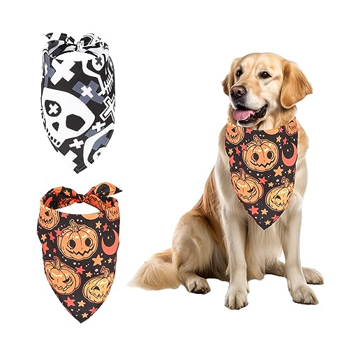 2stk Halloween Hundehalstücher, 65x45cm Dreieckige Hund Bandana, Verstellbar Hundehalstuch für Kleine Mittelgroße Große Hunde Halloween-Hundekostüme (Kürbis, Totenkopf) von PEUTIER