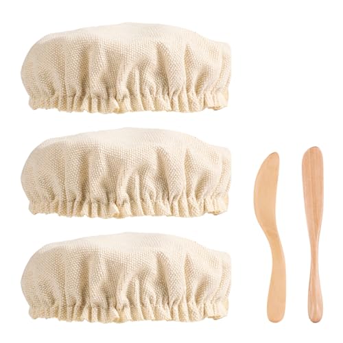 3 Stück Sauerteig Starterglas Stoffabdeckungen mit 2 Schabern, Dehnbare Brotgärungsabdeckung aus Stoff Sauerteig Starterglas Set für Tassenöffnung mit 20 cm Durchmesser von PEUTIER
