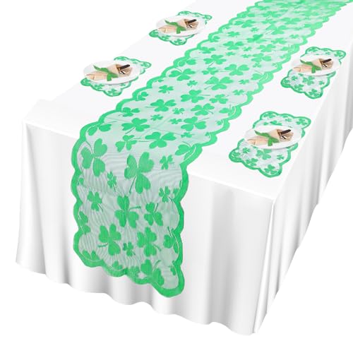 33 x 183 cm Tischläufer zum St. Patrick's Day, mit 4 Tischsets zum St. Patrick's Day Grünes Kleeblatt Design Polyester Kleeblatt Tischdecke Spitze Bestickt Tischdekoration für Irische Partys von PEUTIER