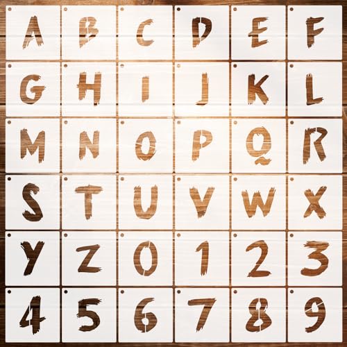 36stk Buchstaben Schablonen Set zum Malen, Buchstaben und Zahlen Schablone mit Metallring Wiederverwendbar Alphabet-Schablonen für Wand Tafel Stoff Holz Schilder Stein Pflanze (10,2cm) von PEUTIER