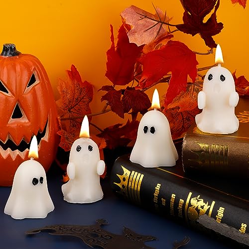 4 Stück Halloween Deko Kerzen, Geister Kerzen Geister-Duftkerze Weiße Halloween-Gruselkerzen für Zuhause Halloween Party Zimmer Tisch Dekorationen von PEUTIER