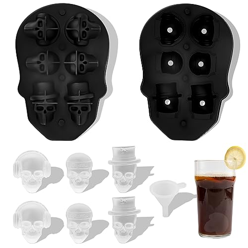 6 Mulden Eiswürfelform Totenkopf Silikon, Halloween Eiswürfelform Totenkopf Form Silikon Süßigkeitsformen Silikonform Halloween 3D Große für Getränke Party-Dekoration (mit Trichter) von PEUTIER