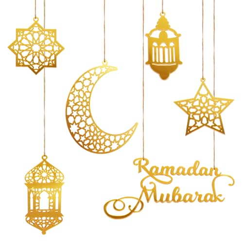 PEUTIER 6St Dekorationen für Ramadan, Acryl Ramadan Kareem Dekoration Eid Mubarak Deko Windlicht Mond Sternform Ramadan Dekorationen zum Aufhängen an Wänden Fenstern Bäumen (Golden) von PEUTIER