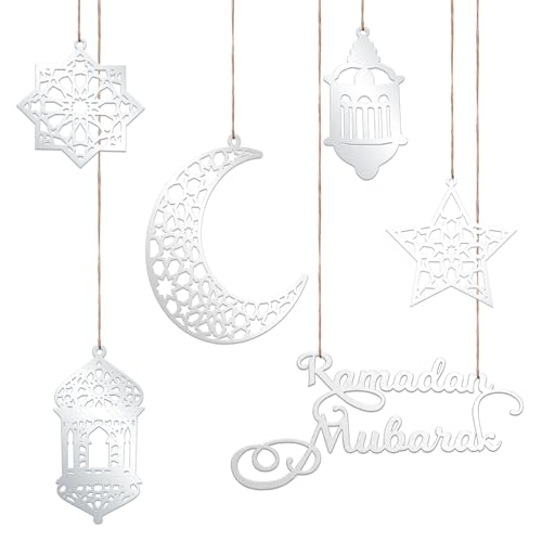 6St Dekorationen für Ramadan, Acryl Ramadan Kareem Dekoration Eid Mubarak Deko Windlicht Mond Sternform Ramadan Dekorationen zum Aufhängen an Wänden Fenstern Bäumen (Silber) von PEUTIER