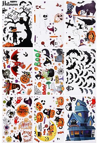 9 Blatt Halloween-Fensteraufkleber, 223 Muster, Fenster Sticker Halloween Gruseliges Schloss, Kürbis, gruselige Fledermaus, Halloween-Fensteraufkleber für Fenster, Türen, Zuhause von PEUTIER