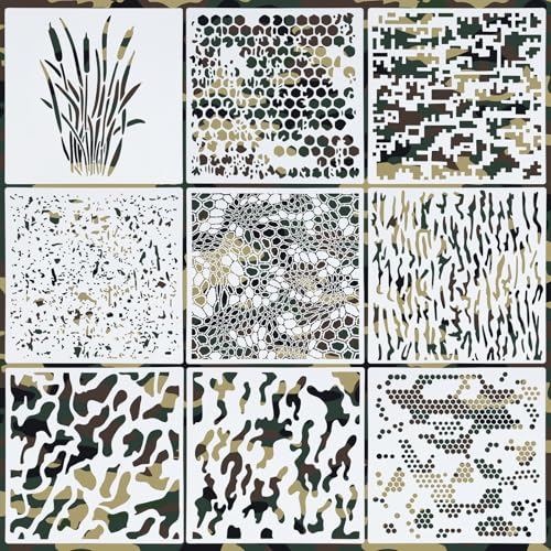 9 Stück Sprühschablonen, Tarnmuster-Schablonen Vorlagen Wiederverwendbar Tarnschablonen-Set zum Malen auf Holz Leinwand Papier Stoff Boden Wand Fliesen Boot DIY-Bastelarbeiten (30x30cm) von PEUTIER