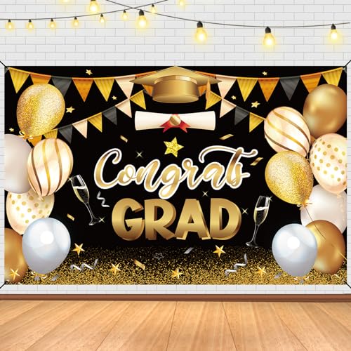 Abschluss Banner 2024, 180 x 115 cm Extra Großes Glückwunsch Abschluss Banner Schwarz und Gold College Abschluss Hintergrund Dekorationen Party Abschluss Zubehör für Fotografie Requisiten von PEUTIER