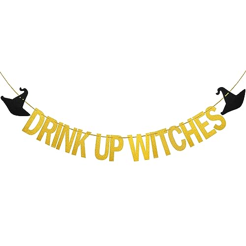 Drink Up Witches Banner, Vormontiert Drink Up Witches Schild Glitzernd Halloween Hexenbanner Halloween Deko Banner Spukhaus Partyzubehör zur Dekoration (Gold-) von PEUTIER
