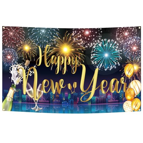 Frohes Frohes Neues Jahr Banner, 180 x 110cm Extra Großes Neujahrs Party Banner Neujahrs Hintergrund Hängendes Neujahrsschild für Silvester Partyzubehör von PEUTIER