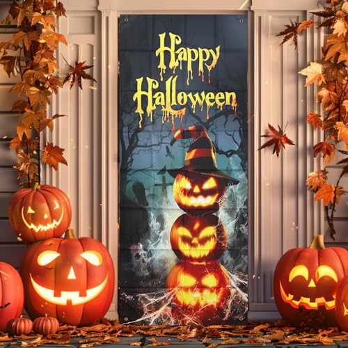 Halloween-Türverkleidung, Gruseliger Kürbis mit Hexenhut Türverkleidung Große Halloween-Dekoration aus Stoff für Wand Fenster Veranda Drinnen und Draußen Halloween-Partyzubehör Halloween-Türverkleidung, Gruseliger Kürbis mit Hexenhut Türverkleidung Große Halloween-Dekoration aus Stoff für Wand Fenster Veranda Drinnen und Draußen Halloween-Partyzubehör von PEUTIER