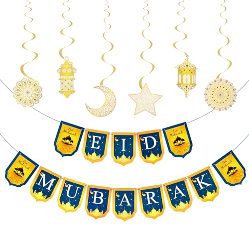 Mubarak Banner Set, Goldene Blaue Eid Mubarak Dekorationen mit Spiral Hängedekoration Ramadan Girlande Ornament Banner Party Dekorationen für Zuhause, Islamische, Muslimische Feste von PEUTIER