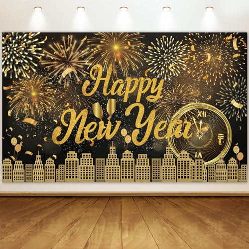 Neujahrsbanner, 180x110cm Silvester Deko mit Feuerwerk-Muster, Partyzubehör, Dekorationen, Hintergrund, Foto-Requisiten, Poster, für Silvesterparty von PEUTIER