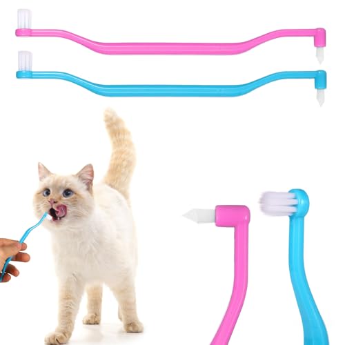 PEUTIER 2stk Doppelseitige Katzenzahnbürste, Mikrokopf Reinigungsbürste für Kätzchenzähne mit Gebogenem Griff Zahnpflegezubehör für Katzen Reduziert Plaque-Zahnsteinbildung und Mundgeruch von PEUTIER