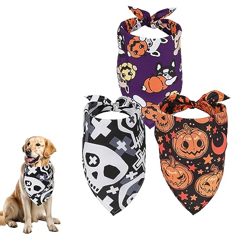 PEUTIER 3stk Halloween Hundehalstücher, 65x45cm Dreieckige Hund Bandana, Verstellbar Hundehalstuch für Kleine Mittelgroße Große Hunde Halloween-Hundekostüme (Kürbis, Totenkopf, Hundekopf) von PEUTIER