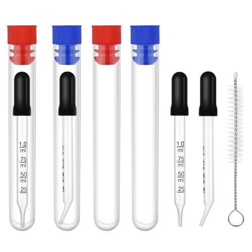 PEUTIER 4 Stück 1ml Pipette, Augentropferglas mit Messungen, Gebogener und Gerader Spitze Kalibrierte Pipettentropfer mit Gummikopf, Präziser Pipette für Ätherische Öle, Ohr, Labor, mit Pinsel von PEUTIER