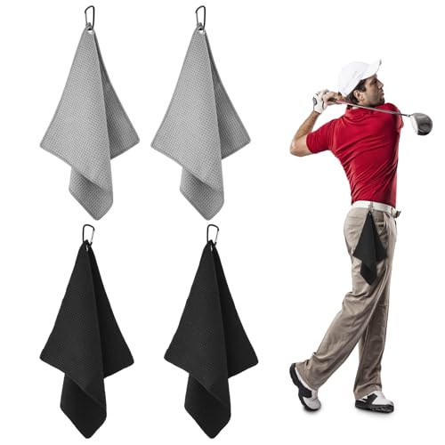PEUTIER 4 Stück 30 x 30 cm Golf Handtuch, Saugfähiges Golfhandtuch mit Clip, Mikrofaser Schläger Wiederverwendbares Golflappen Reinigungstuch Sportzubehör für Männer, Frauen im Freien von PEUTIER
