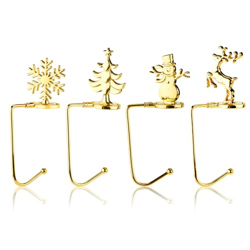 PEUTIER 4 Stück Weihnachtsstrumpf Halter, Metall Weihnachtsbaum Elch Schneeflocke Dekorativer Strumpfhalter Weihnachtssocken Haken Kleiderbügel für Kaminsims Kamin Party Zuhause (Gold) von PEUTIER