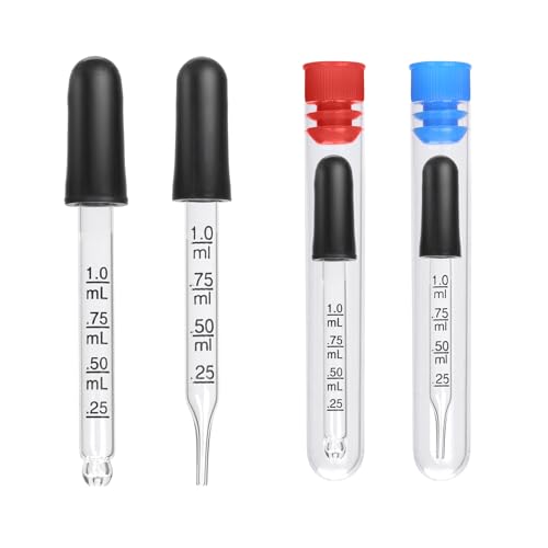 PEUTIER 4stk 1ml Pipette Glas mit 4stk Flasche, Glastropfer mit Messungen Pipettentropfer mit Gummikopf Augentropfer Glaspipette für Medizinische Ätherische Öle das Ohrlabor Füttern von PEUTIER