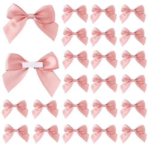 PEUTIER 60stk Babyrosa Satinbandschleifen, 5,08x6,35cm Selbstklebend Kleine Schleife mit Doppelseitigem Klebeband Vorgefertigte Mini Schleifen für Geschenkverpackungen Zuhause Partydekoration von PEUTIER