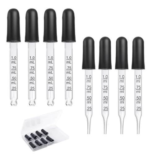 PEUTIER 8stk 1ml Glaspipette, Glastropfer mit Messungen Pipettentropfer mit Gummikopf Glaspipette für Medizin ätherische Öle Ernährung Ohr Labor(2 Ausführungen) von PEUTIER