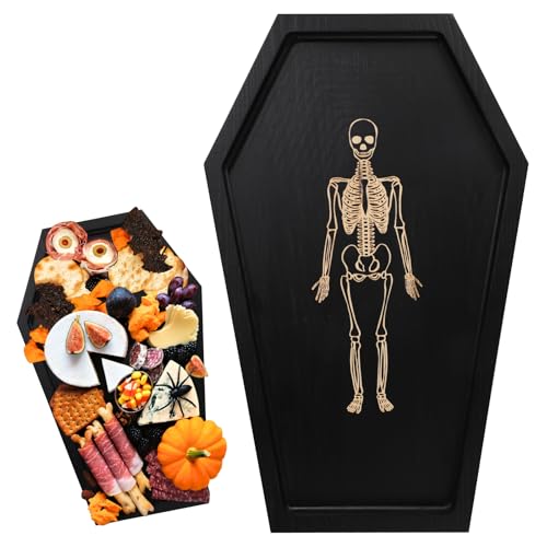 Sargtablett-Skelett, Sarg-Serviertablett Gruseliges Gothic-Kerzentablett Gruseliges Halloween-Dekotablett Servierplatte aus Holzsarg zum Platzieren von Essen Käse Partygeschenken von PEUTIER