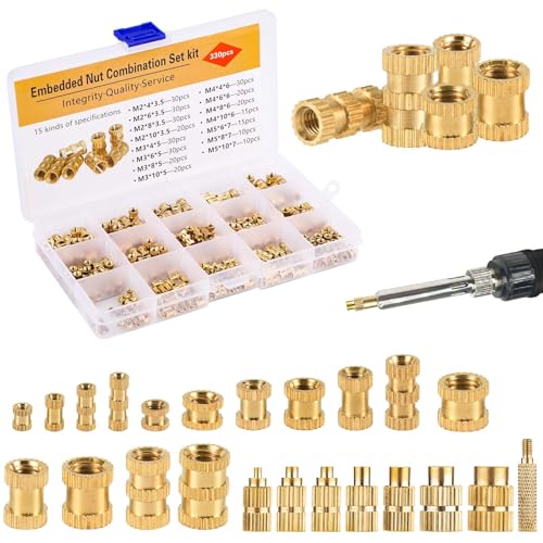 Set mit Gewindeeinsätzen, 1 Heizstange für Heißeisen und 7 Spitzen mit Heizung, 330 Messingmuttern Gerippte Muttern mit Innengewinde für Kunststoff und 3D Druckkomponenten von PEUTIER