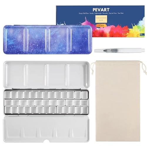 PEVART 40-teiliges Set aus 1 leer Aquarellkasten Malkasten Metallkasten leer Mal-Paletten, 37 Leere Aquarell Pfannen Wannen Näpfen für Aquarellfarben, 1 Wassertankpinsel, 1 Aufbewahrungstasche von PEVART