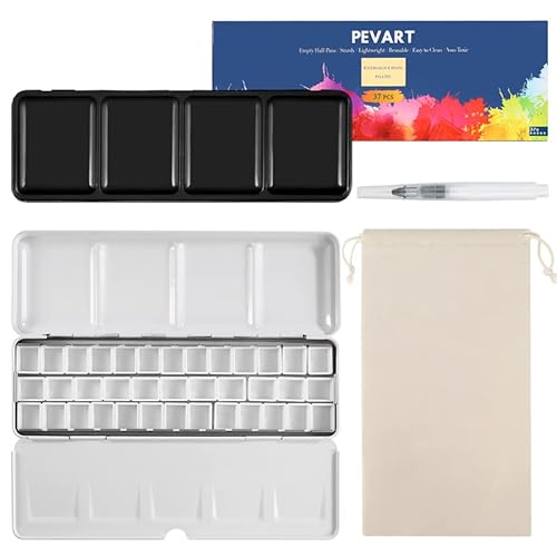 PEVART 40-teiliges Set: 1x Leere Aquarelldosenpalette Aquarellkasten Metallkasten leer Mal-Paletten, 37x Leere Aquarell Pfannen Wannen Näpfen für Aquarellfarben, 1x Wassertankpinsel, 1x Stoffbeutel von PEVART