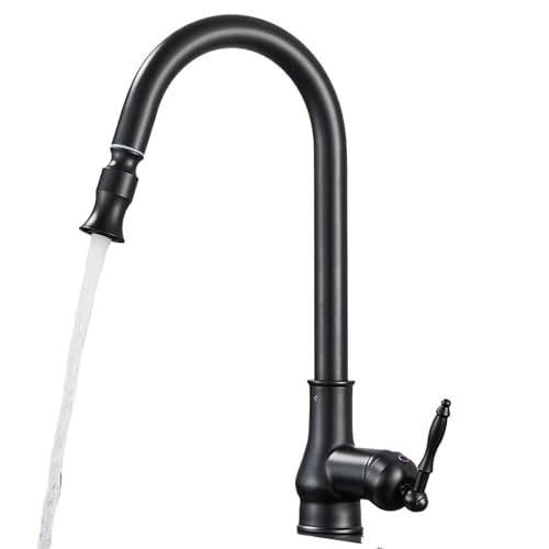 PEVAVFZMMY Retro Messing Küchenspüle Wasserhahn Ausziehbarer Auslauf Spray Einhand Heiß Kalt Wasser Kran for Küche Antiker Messing Wasserhahn Wasserhahn(Matte Black) von PEVAVFZMMY